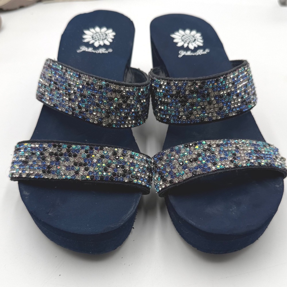 Yellow Box Gazelly‎ Navy Blue Rhinestone Wedge Platform Slide Sandals Womens 7